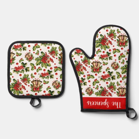 Kerst Holly Leaves, Berries & Bells Ovenwant & Pannenlap Set (Voorkant)