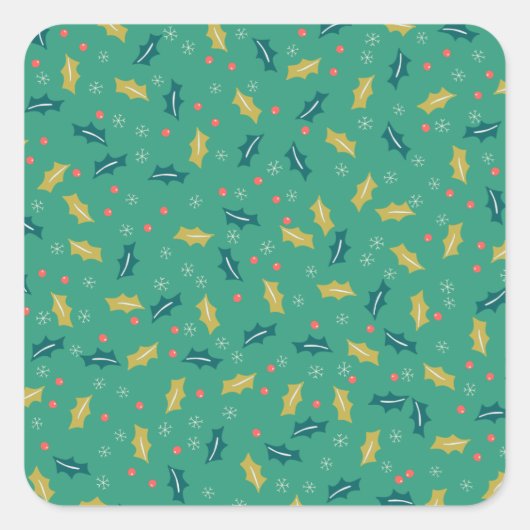 Kerst Holly Leaves & Berries met Snowflakes Vierkante Sticker (Voorkant)