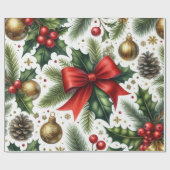 Kerst Holly Leaves en Red Bow on White Cadeaupapier (Vlak)