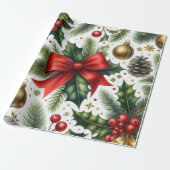 Kerst Holly Leaves en Red Bow on White Cadeaupapier (Uitgerold)