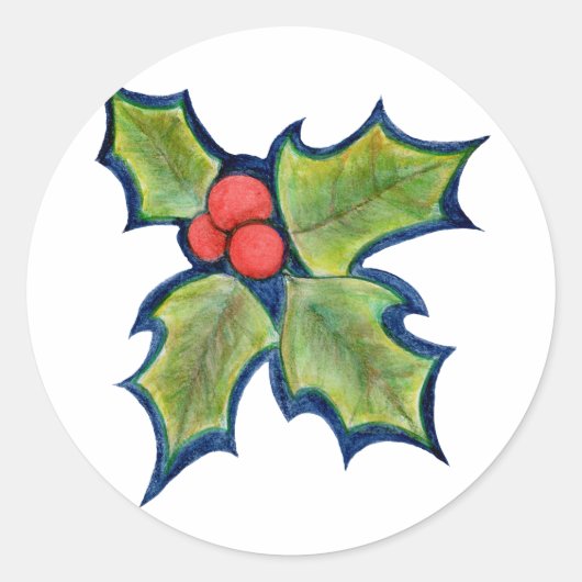 Kerst Holly Leaves, Red Berries Ronde Sticker (Voorkant)