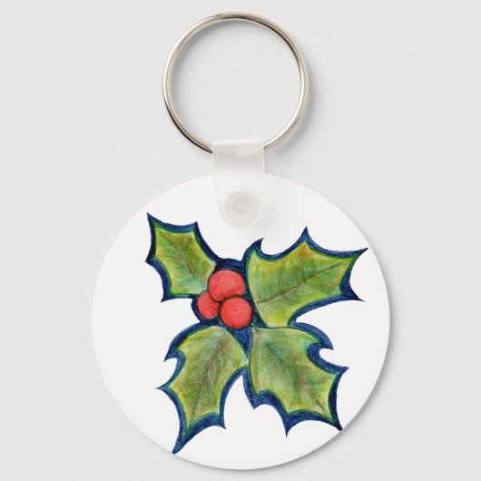 Kerst Holly Leaves, Red Berries Sleutelhanger (Voorkant)