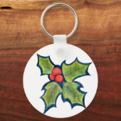 Kerst Holly Leaves, Red Berries Sleutelhanger (Voorkant)