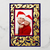 Kerst Holly met rode bessen grens foto Folie Feestdagenkaart (Voorkant)