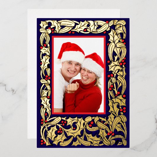 Kerst Holly met rode bessen grens foto Folie Feestdagenkaart (Voorkant / Achterkant)