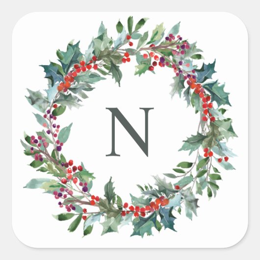Kerst Holly Monogram Initiaal Sticker (Voorkant)