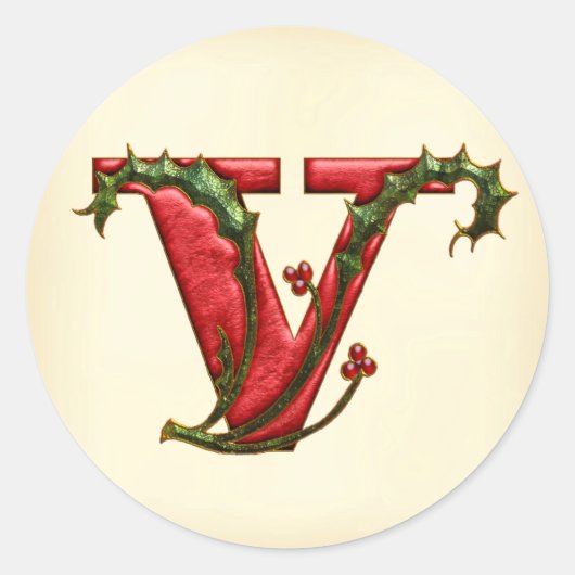 Kerst Holly Monogram V Envelop Seals Ronde Sticker (Voorkant)