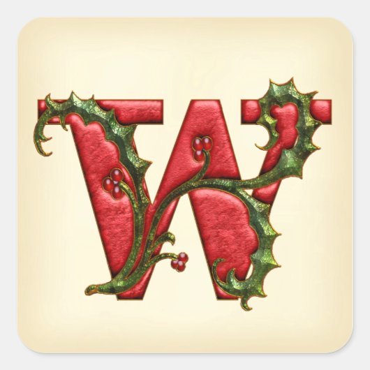 Kerst Holly Monogram W Envelope Seals Vierkante Sticker (Voorkant)