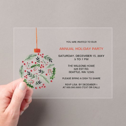 Kerst Holly Ornament feestdag Acryl Uitnodigingen (Insitu (Draagbaar))