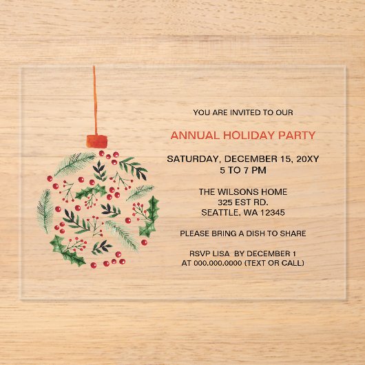 Kerst Holly Ornament feestdag Acryl Uitnodigingen (Voorkant)