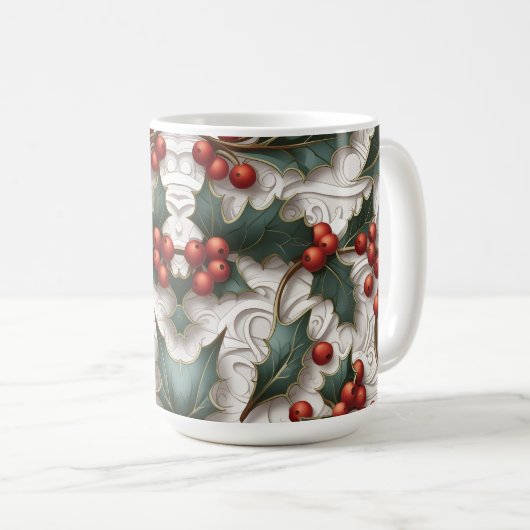 Kerst Holly Ornamental Pattern Grote Koffie Mok (Voorkant rechts)