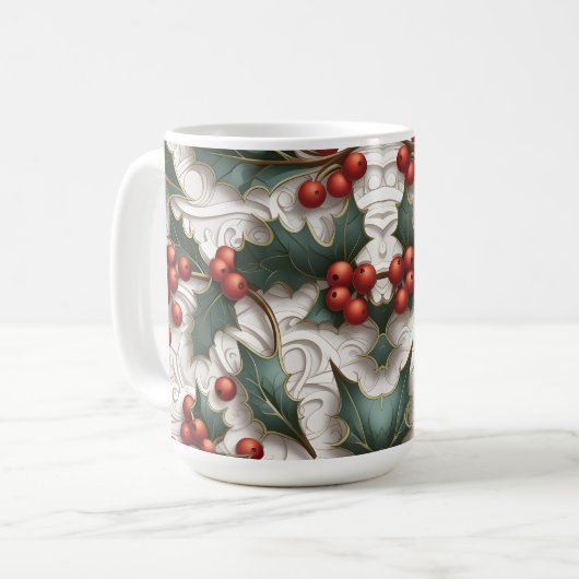 Kerst Holly Ornamental Pattern Grote Koffie Mok (Voorkant links)