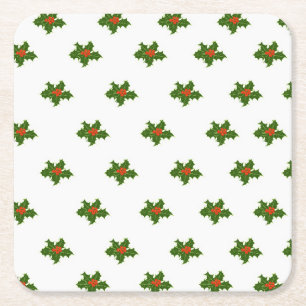 Kerst Holly Pattern Red Berries Green Leaves Kartonnen Onderzetters