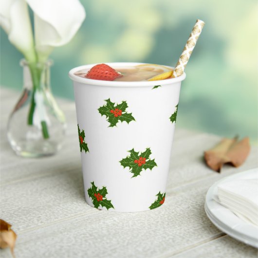 Kerst Holly Pattern Red Berries Green Leaves Papieren Bekers (Insitu)