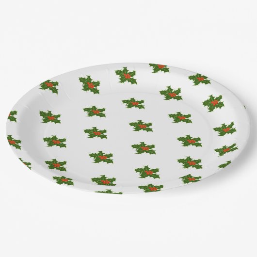 Kerst Holly Pattern Red Berries Green Leaves Papieren Bordje (Gekanteld)