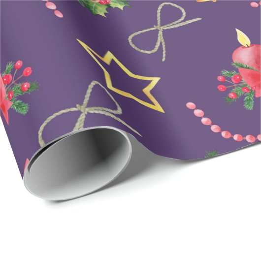 Kerst Holly, pine Cones, Bells - Paars Cadeaupapier (Rol Hoek)