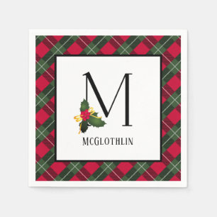 Kerst Holly Plaid Monogram M gepersonaliseerd Servet