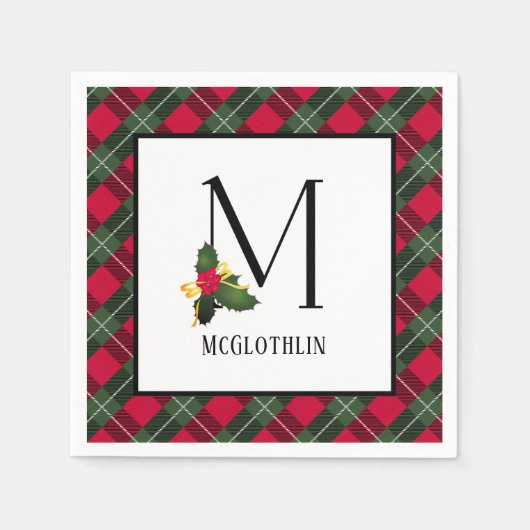 Kerst Holly Plaid Monogram M gepersonaliseerd Servet (Voorkant)