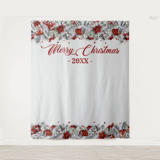 Kerst Holly Poinsettia Fotocabine Achtergrond Wandkleed (Voorkant)