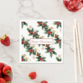 Kerst Holly Red Berries Pine Cones Gouden Lint Servet (Insitu)