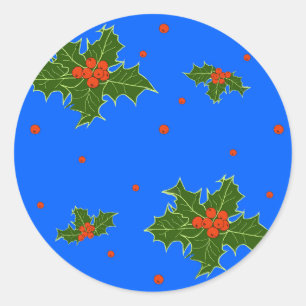 Kerst Holly Red Berry Pattern op Festive Blue Ronde Sticker