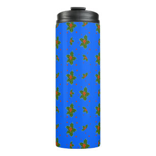 Kerst Holly Red Berry Pattern op Festive Blue Thermosbeker