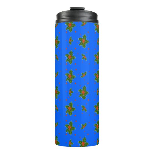 Kerst Holly Red Berry Pattern op Festive Blue Thermosbeker (Voorkant)