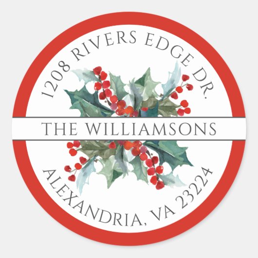 Kerst Holly Red Retouradres Classic Ronde Sticker (Voorkant)