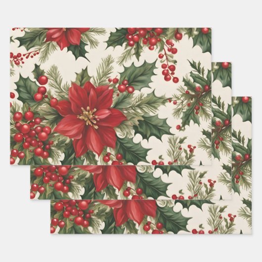 Kerst Holly & Rode bessen Inpakpapier Vel (Set)