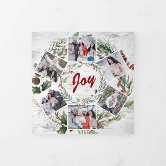 Kerst Holly Rustic Birch Bark Multi Photo Tri- Drieluik Wenskaart (Cover)