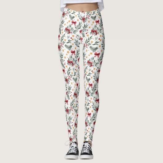 Kerst Holly, sterren en bogen Leggings (Voorkant)