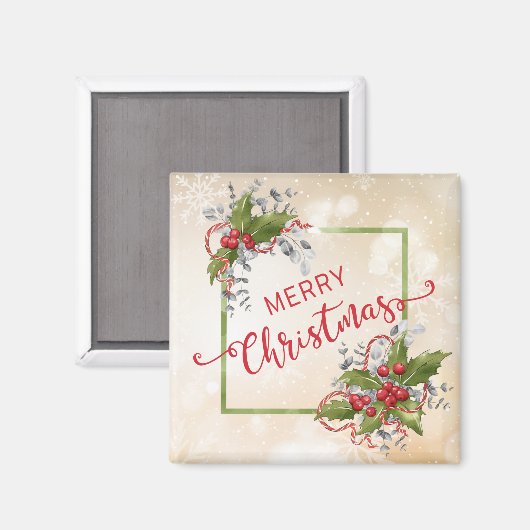 Kerst Holly Tak Vierkante Magneet (Voorkant / Achterkant)