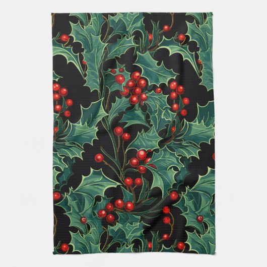 Kerst Holly takken en bessen Theedoek (Verticaal)