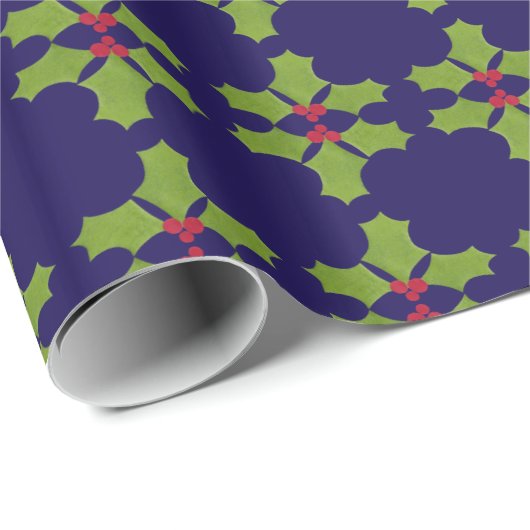 Kerst Holly twig op donkerblauw Cadeaupapier (Rol Hoek)