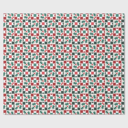 Kerst Holly verlaat Geo Quilt Cadeaupapier (Vlak)