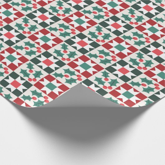 Kerst Holly verlaat Geo Quilt Cadeaupapier (Hoek)