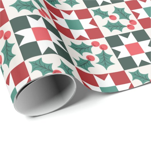Kerst Holly verlaat Geo Quilt Cadeaupapier (Rol Hoek)