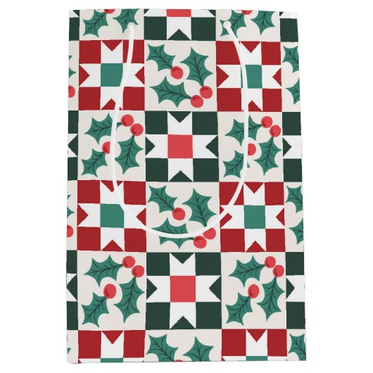 Kerst Holly verlaat Geo Quilt Medium Cadeauzakje (Voorkant)