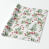Kerst Holly Waterverf Rood en Groen Cadeaupapier (Uitgerold)