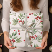 Kerst Holly Waterverf Rood en Groen Cadeaupapier