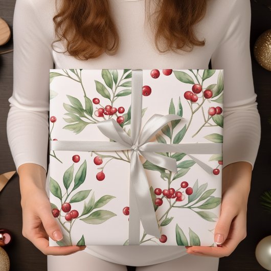 Kerst Holly Waterverf Rood en Groen Cadeaupapier