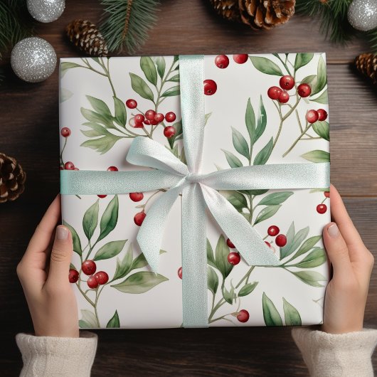 Kerst Holly Waterverf Rood en Groen Cadeaupapier