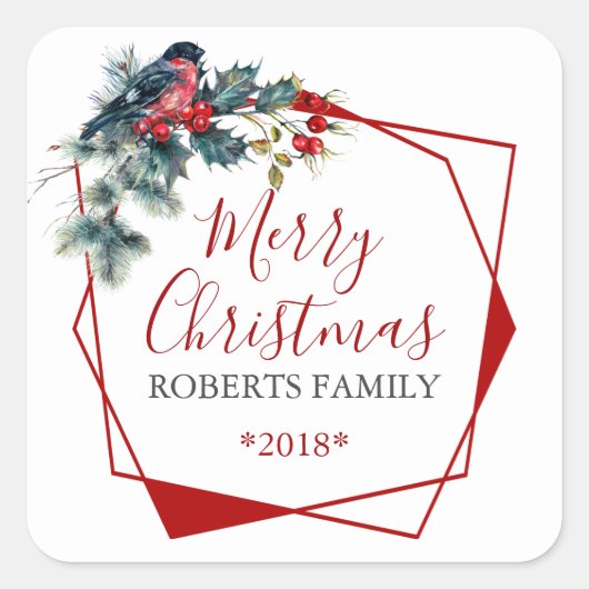 Kerst Holly Wreath Red Bulfinch Vierkante Sticker (Voorkant)