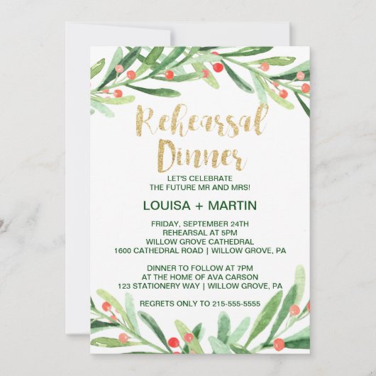 Kerst Holly Wreath Rehearsal Dinner Kaart (Voorkant)