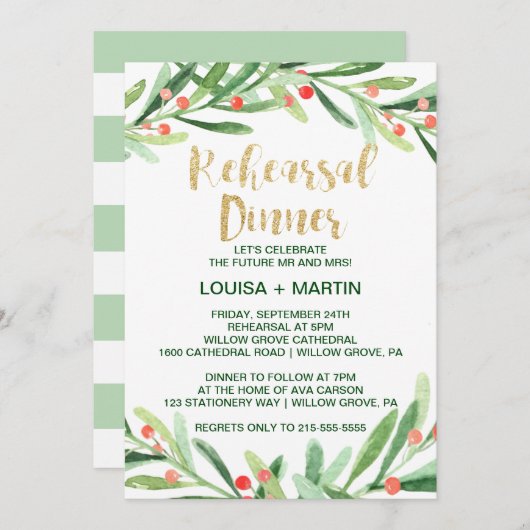 Kerst Holly Wreath Rehearsal Dinner Kaart (Voorkant / Achterkant)