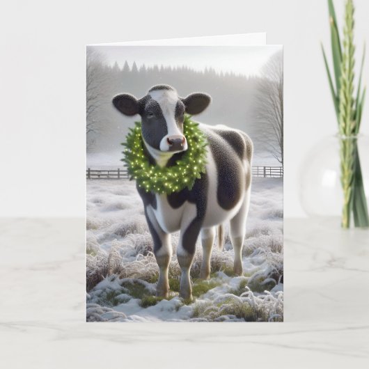 Kerst Holstein Koe Dragen Vakantie Krans Feestdagen Kaart (Voorkant)