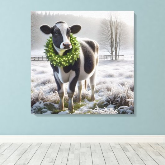 Kerst Holstein Koe Het dragen van een krans Canvas Afdruk (Insitu (Houten vloer))