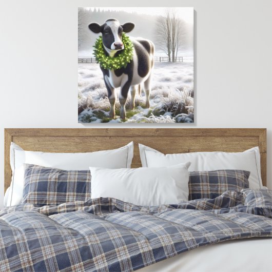 Kerst Holstein Koe Het dragen van een krans Canvas Afdruk (Insitu (Slaapkamer))