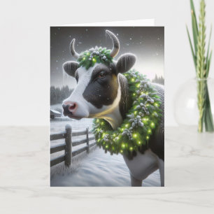 Kerst Holstein Koe met gloeiende krans Feestdagen Kaart