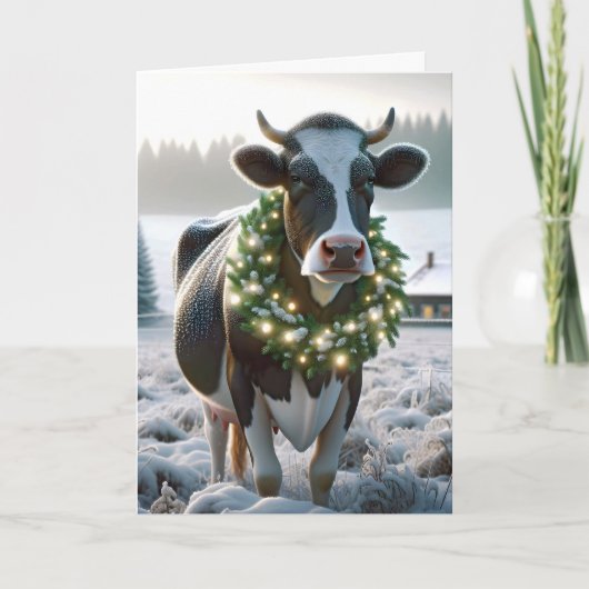 Kerst Holstein Koe met gloeiende krans Feestdagen Kaart (Voorkant)